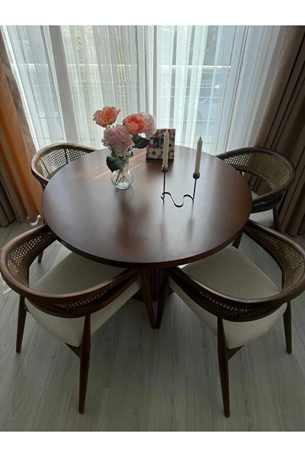 Yuvarlak Ahşap Gazel Masa Takımı Bohem 4 Kişilik Mutfak Masa Sandalye Takımı İskandinav